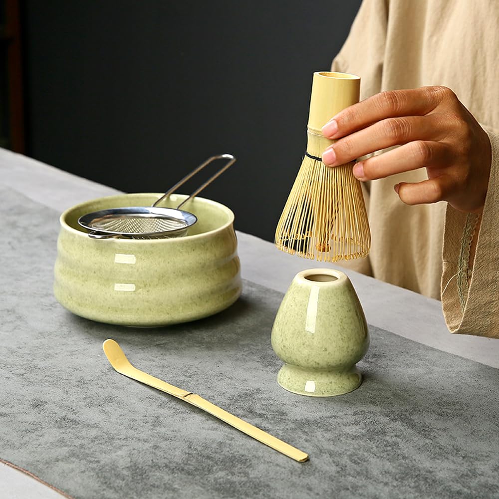Set Matcha Completo 5 Pezzi - Frusta In Bambù Con Supporto, Pala E Ciotola In Ceramica (Verde Scuro) - 2