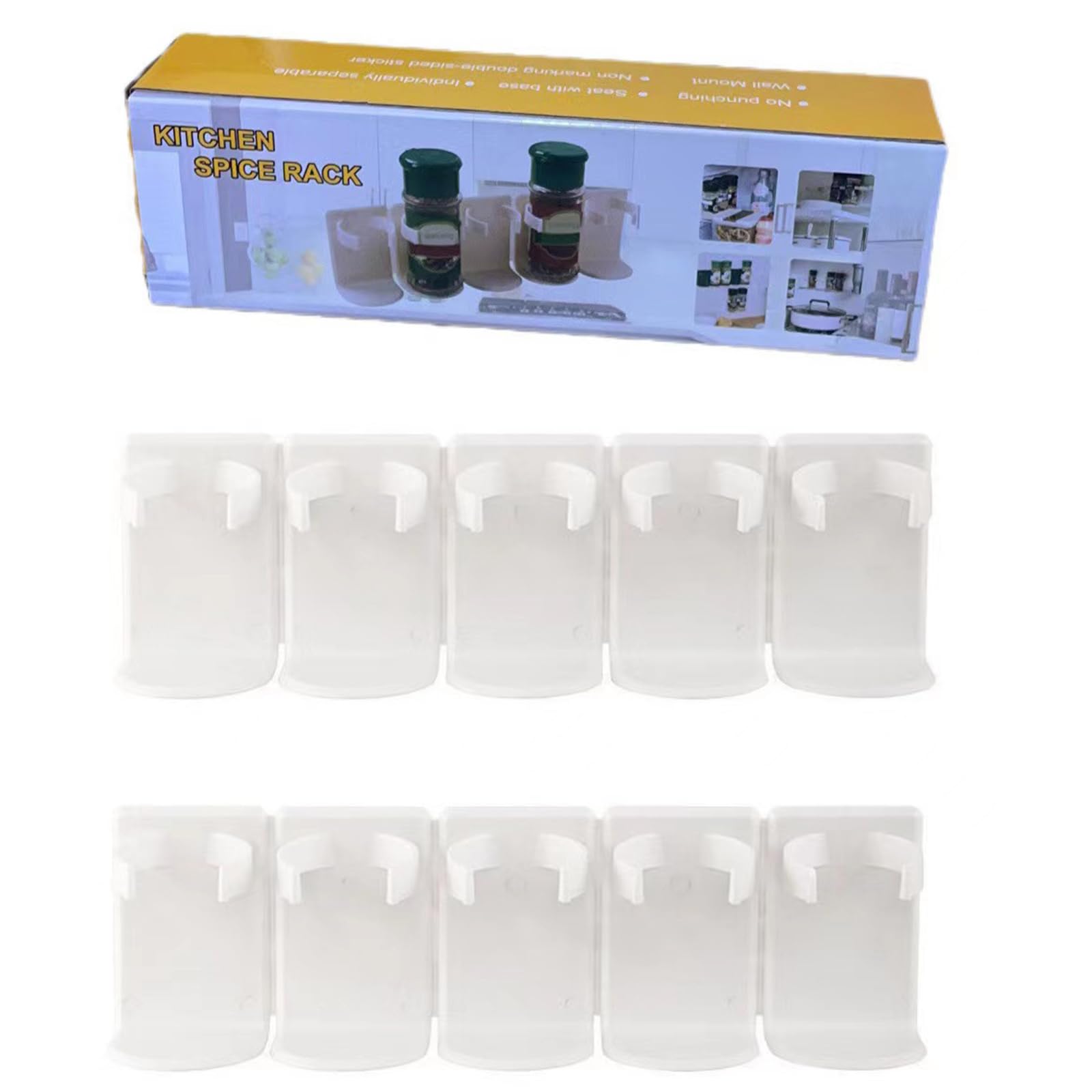 INTCHE 10pcs White Plastic Hanging Spice Bottle Gripper Clip Strips, Green Spices Bottles Rack With Adhesive, Super Sticky Condiment Jar Storage Racks Holds 10 Seasoning Jars, for Countertop, Kitchen