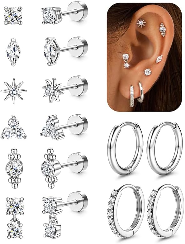 MILACOLATO 20G Hypoallergenic Flat Back Earrings Cartilage Earring Sets for Multiple Piercing Surgical Stainless Steel Earrings for Women Trendy Earring Stacks Small Huggie Hoops Flatback Stud