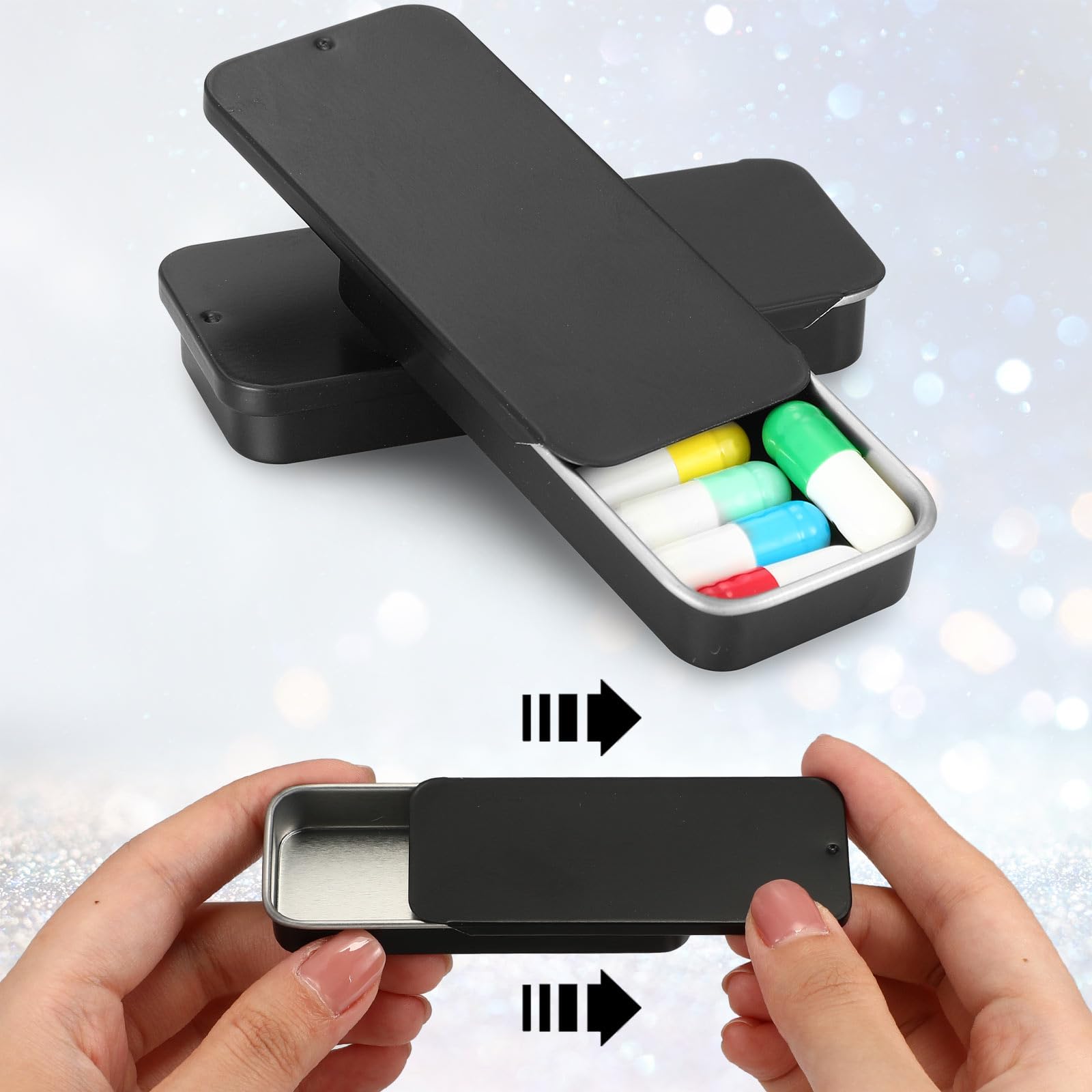 Norme 40 Pcs Slide Top Tin Small Rectangular Metal Tins Containers with Lids for Lip Balm Candies Jewelry Crafts Pills Storage Kit (Black,3.15 x 1.38 x 0.43 Inch)