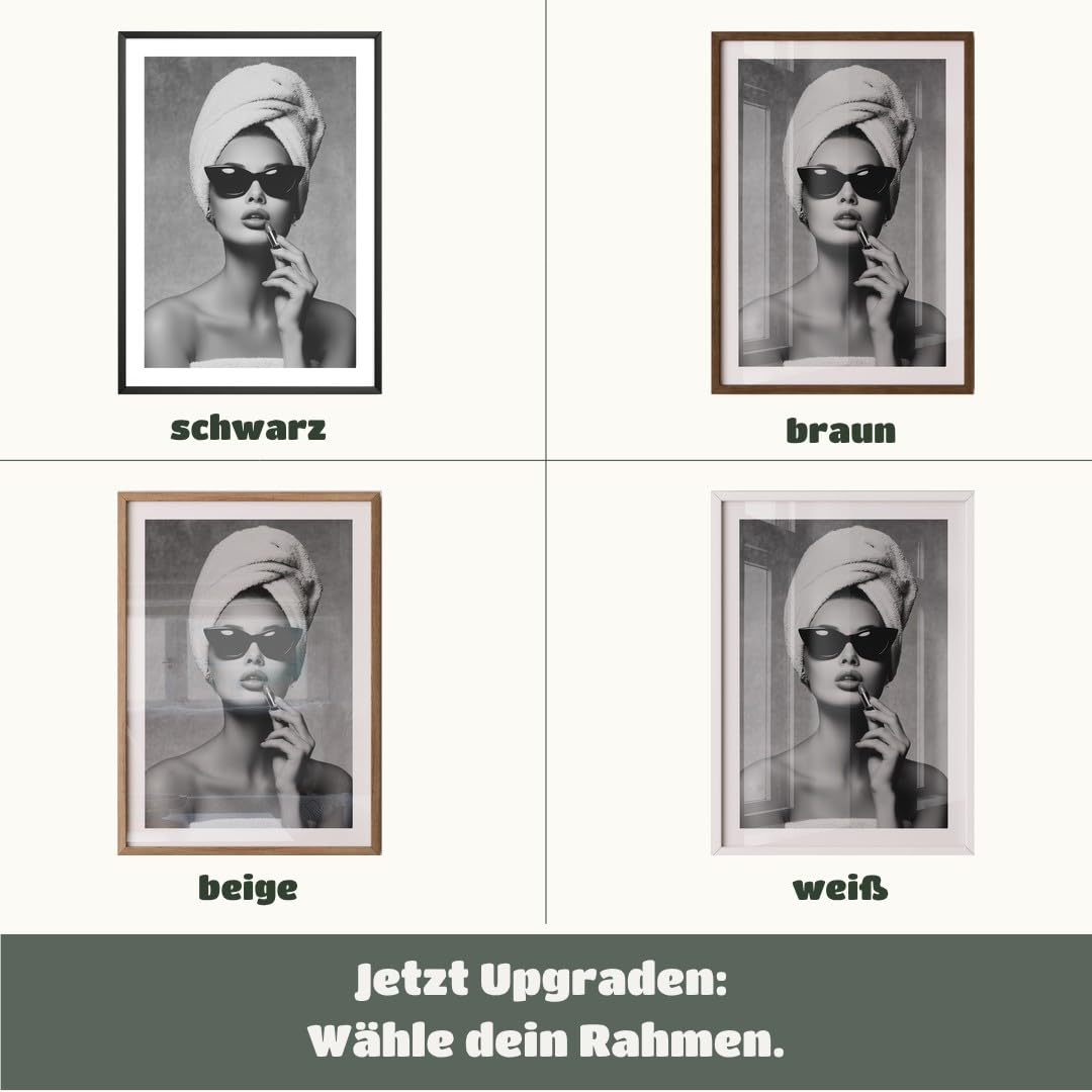 MJ-GRAPHICS® Poster Frau Lipstick Kunstdruck Vintage Schwarz Weiß Stilvolle Wanddeko Eleganz Badezimmer Bilder Glamouröse Deko für Schlafzimmer oder Ankleidezimmer 50x70 mit braunem Rahmen
