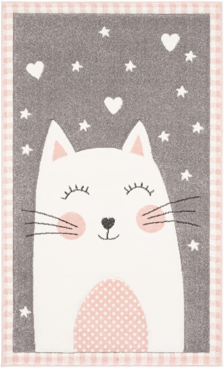 SAFAVIEH Carousel Kids Collection Accent Rug - 2' x 3', Pink & Grey, Cat Design, Non-Shedding & Easy Care, Ideal for High Traffic Areas for Boys & Girls in Playroom, Nursery, Bedroom (CRK134P)