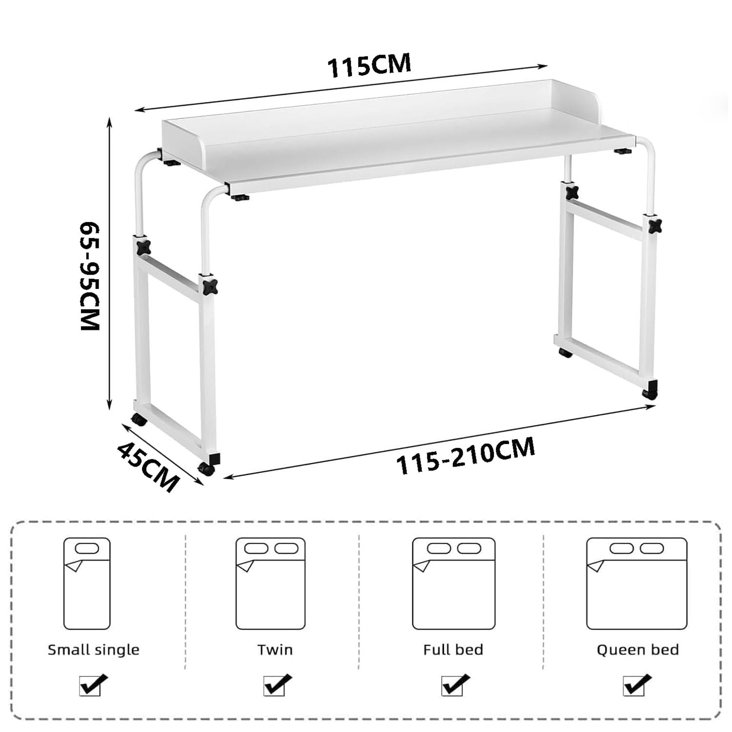Mesa sobre Cama Regulable Altura Ruedas Portátil Ordenador | Ruedas con Bloqueo, Tope Anticaída, Superficie de Madera y Estructura Metálica; Perfecta para Trabajar o Comer en la Cama