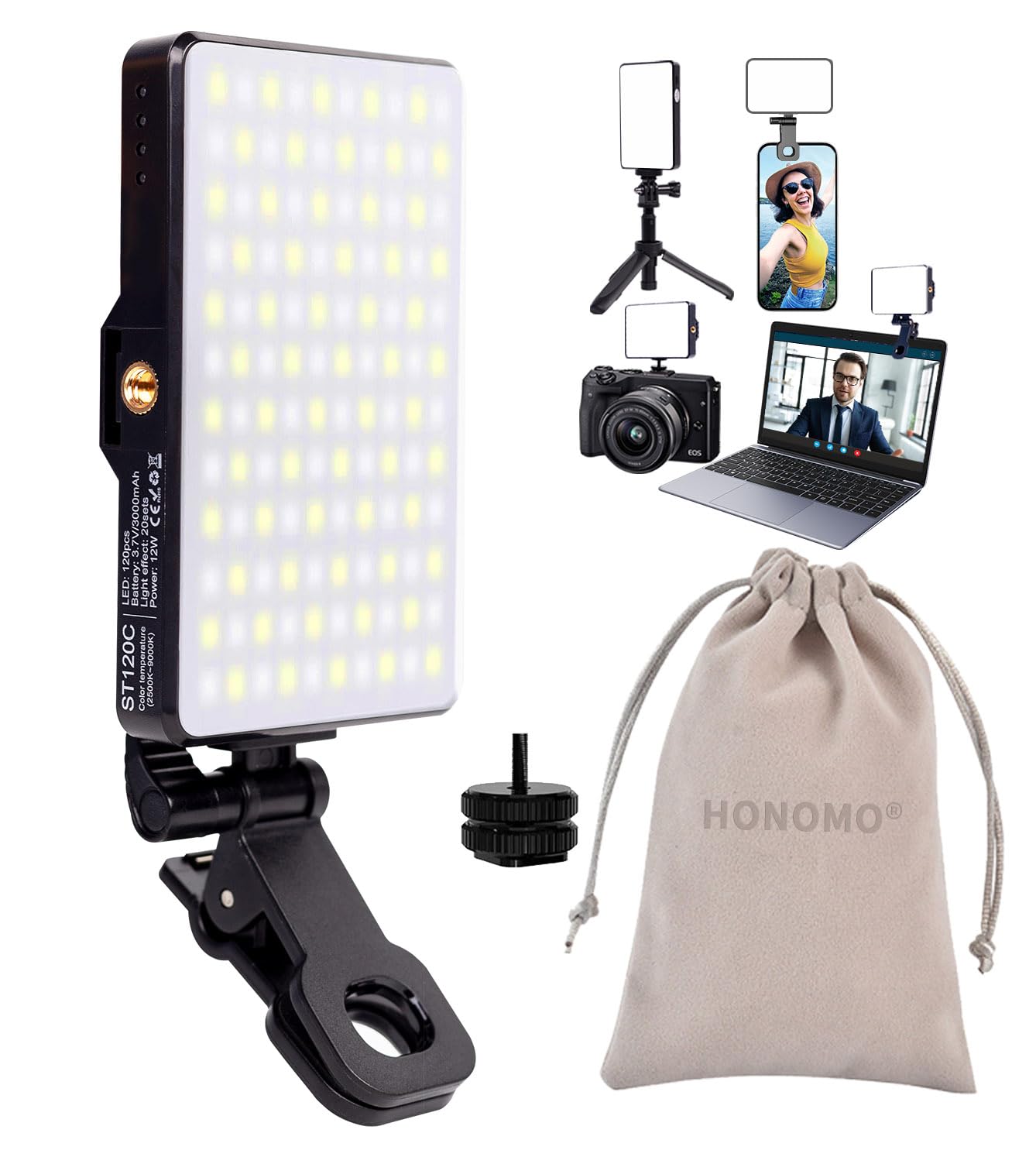 HONOMO 120LED Rechargeable Selfie Light, Pocket-Sized Clip On 3000mAh Fill Light Compatible with Phone, Camera and Laptop for Pictures, Videos, Tiktok, Live Streaming, Gifts for Women Christmas