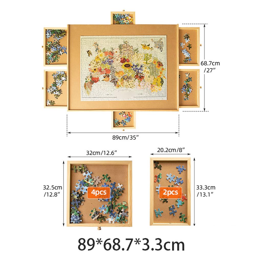 Obrotowy stół do puzzli z szufladami i pokrywą, 2 w 1 odchylana deska do puzzli, drewniany przenośny stół do puzzli dla dorosłych, dla chłopca dziewczynki, łatwy do przechowywania