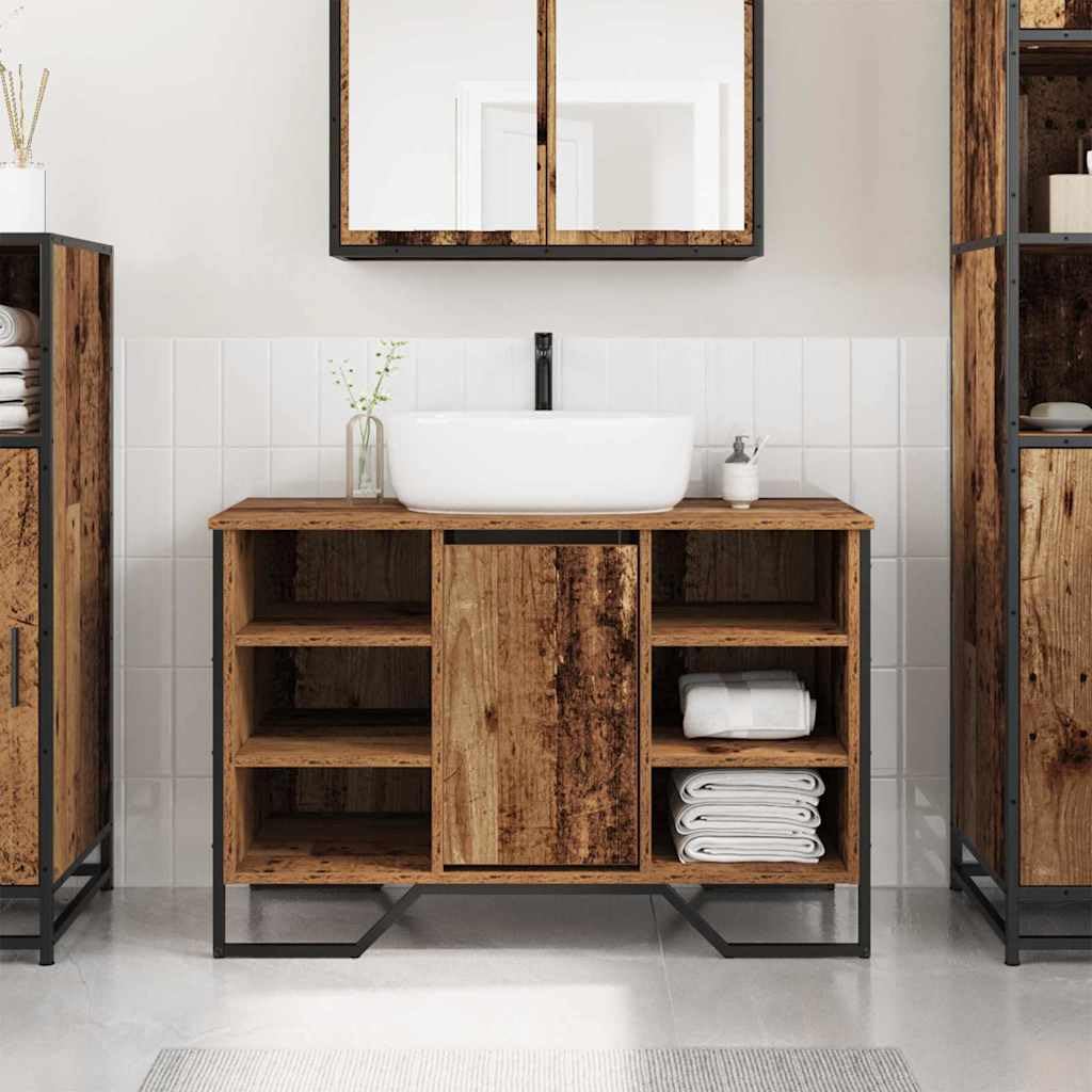 Armario para debajo del lavabo de madera antigua, 91 x 35 x 60 cm, con 6 estantes, 1 puerta, para muebles de baño, espacio para lavabo, organizador para baño