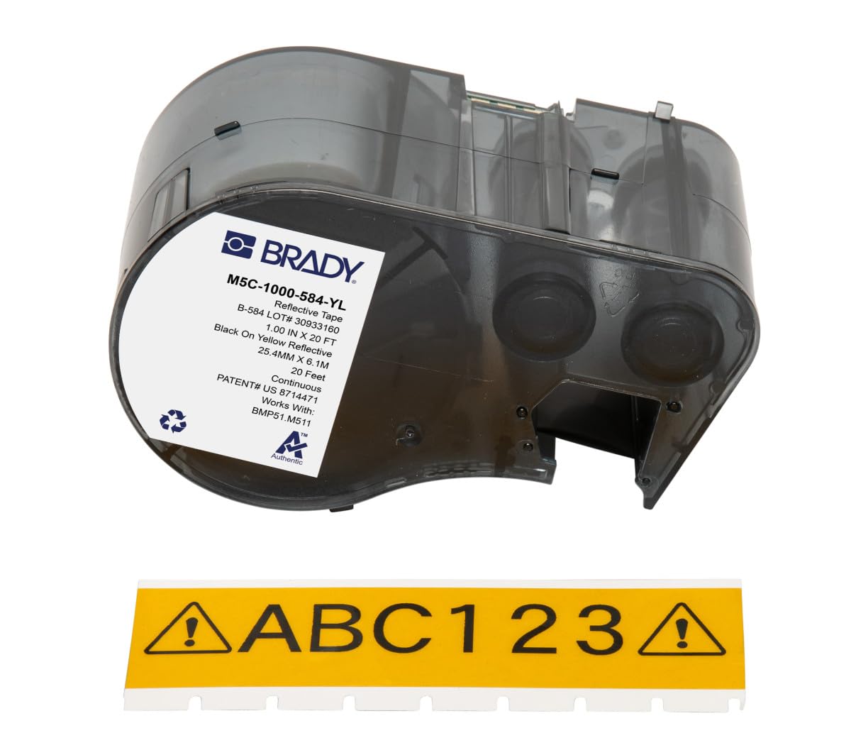 Brady Reflective Tape Label Tape for Label Printer BMP51/BMP53/M511 - Self Adhesive Printer Labels - Black on Yellow (25,40 mm (W) x 6,10 m (L)) - M5C-1000-584-YL