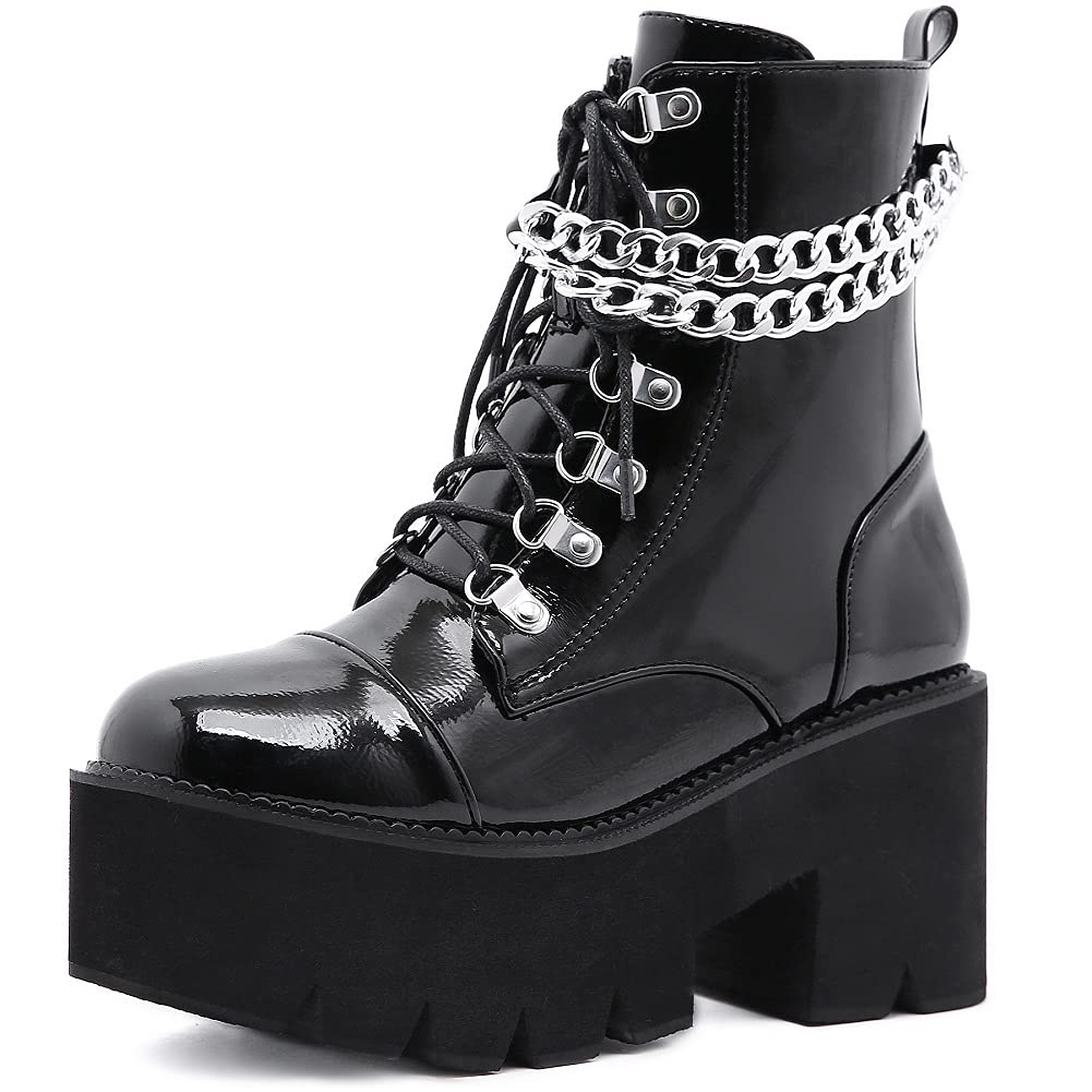 Women Ankle Chunky Heel Platform Booties Lace Up Mid Calf Studded Goth Combat Boots