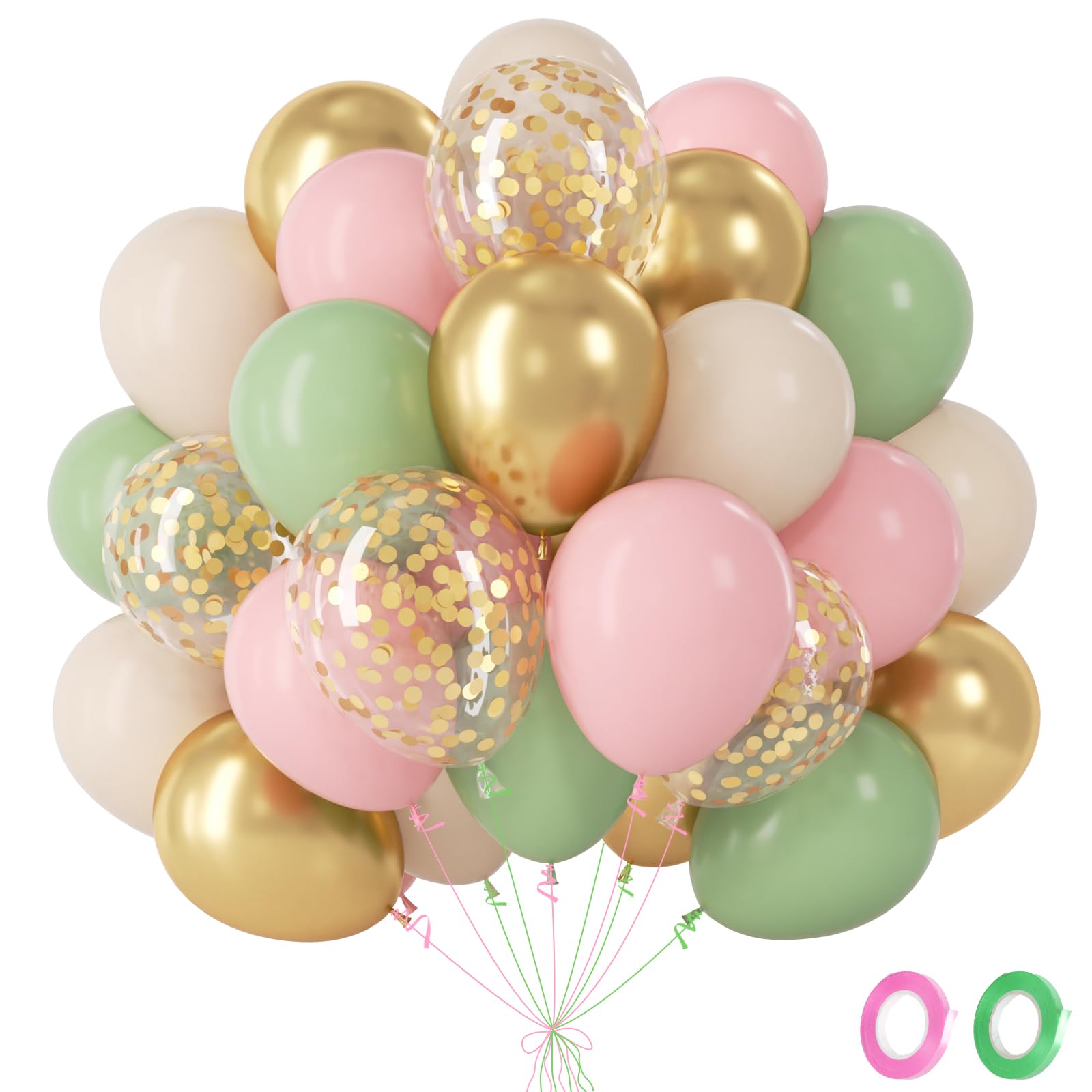 Pastel Pink Balloons,60Pcs Baby Pink Sage Green Balloons with Sand White and Gold Metallic Confetti Balloon,Flower Ballons for Fairy Birthday Decorations Tea Party Decorations Boho Wedding Baby Shower