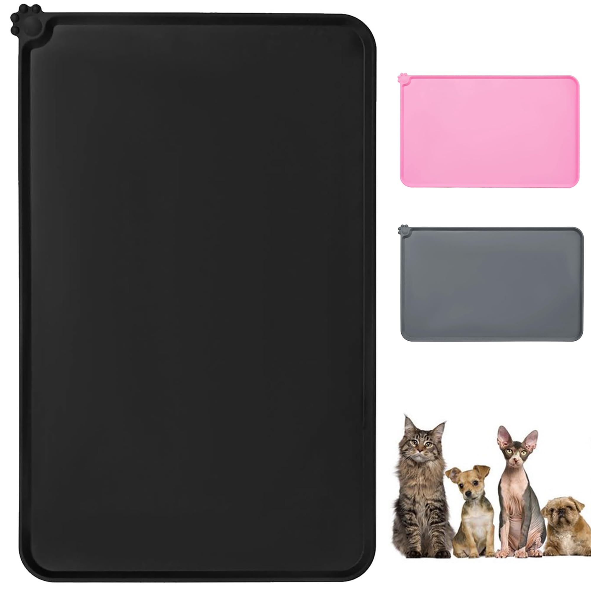 Cat & Dog Feeding Mat, Non-Slip Waterproof Silicone Pet Food and Water Bowl Mat,Durable Pet Placemat for Food and Water Bowls, Easy to Clean (Large 48x30cm) (Black, Large)