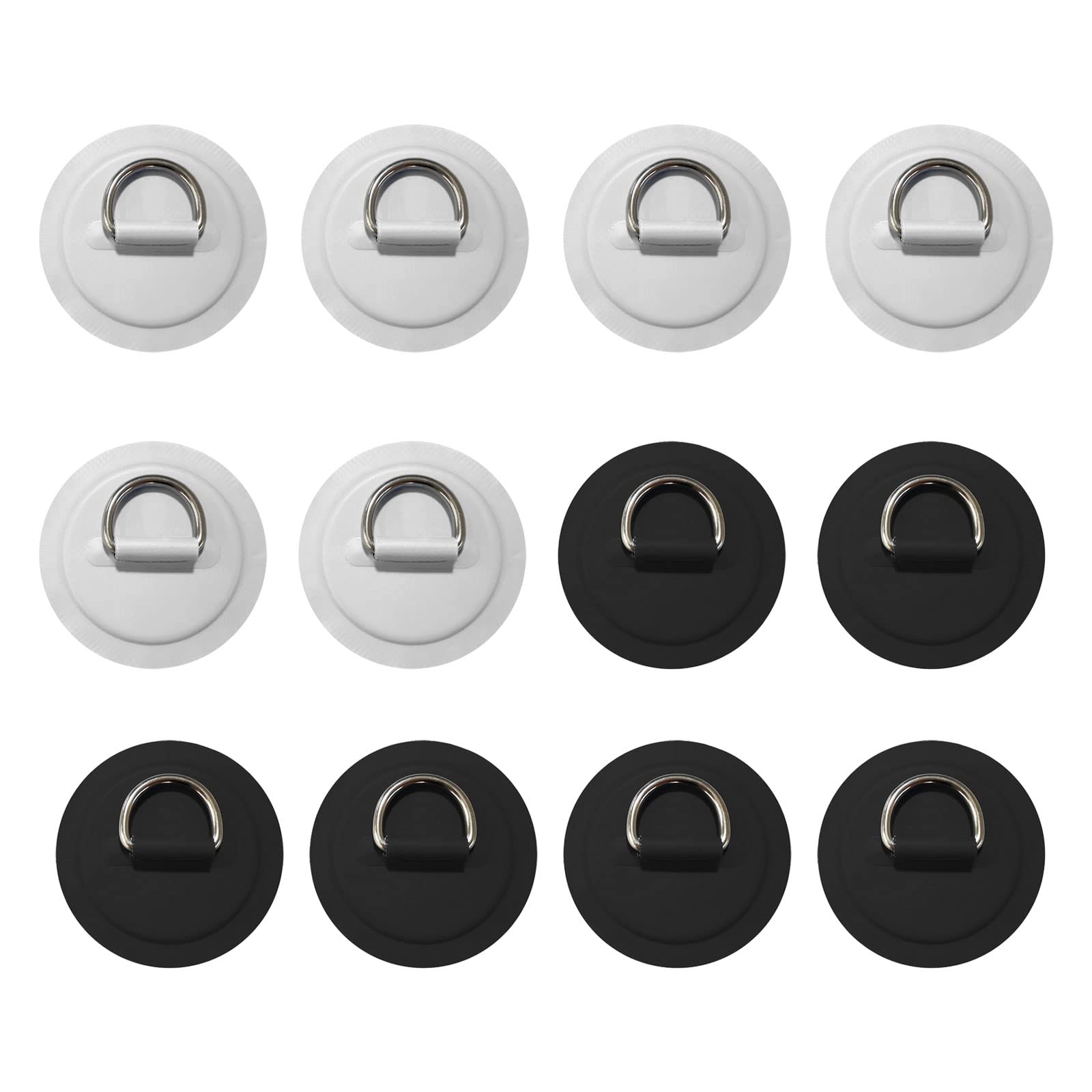 HSOKEW 12Pcs D Rings for PVC Inflatable Boat, Stainless Steel D-Ring Circular Patch Round Pad D Ring PVC Patch Canoe Raft Dinghy Kayak Surfboard Paddle Deck Accessories, White/Black, NO Glue