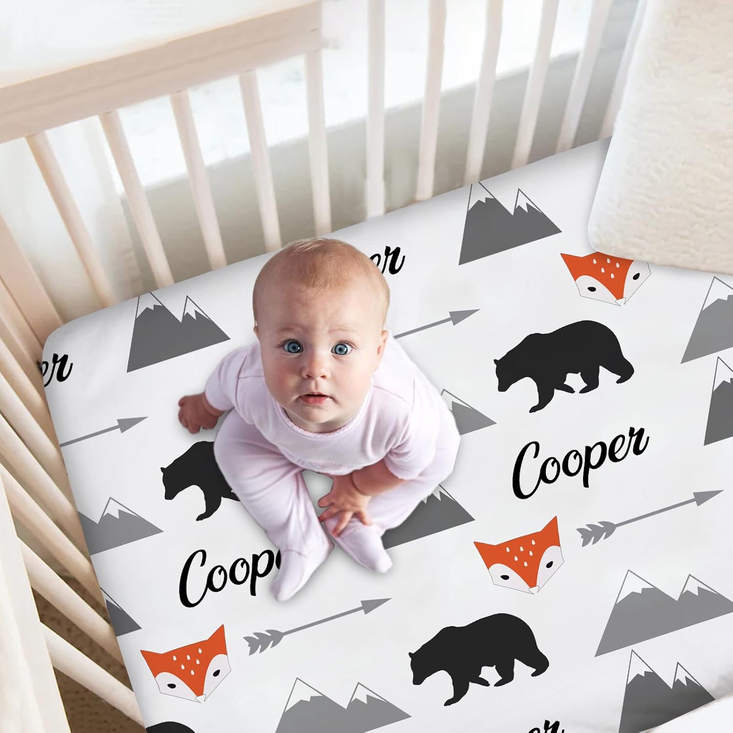 Personalized Woodland Bear Fox Baby Crib Sheets with Name, Customized Crib Mattress Sheets for Baby Boys Girls, Fitted Crib Bedding Sheets for Standard Crib Size, Mini Crib Sheet | Name Crib Sheets