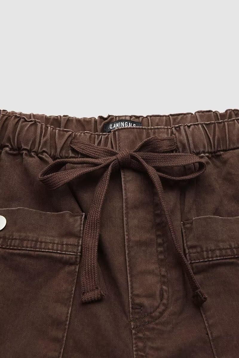 Flamingals Straight Leg Mid Waist Drawstring Solid Patch Pocket Crop Carrot Pants