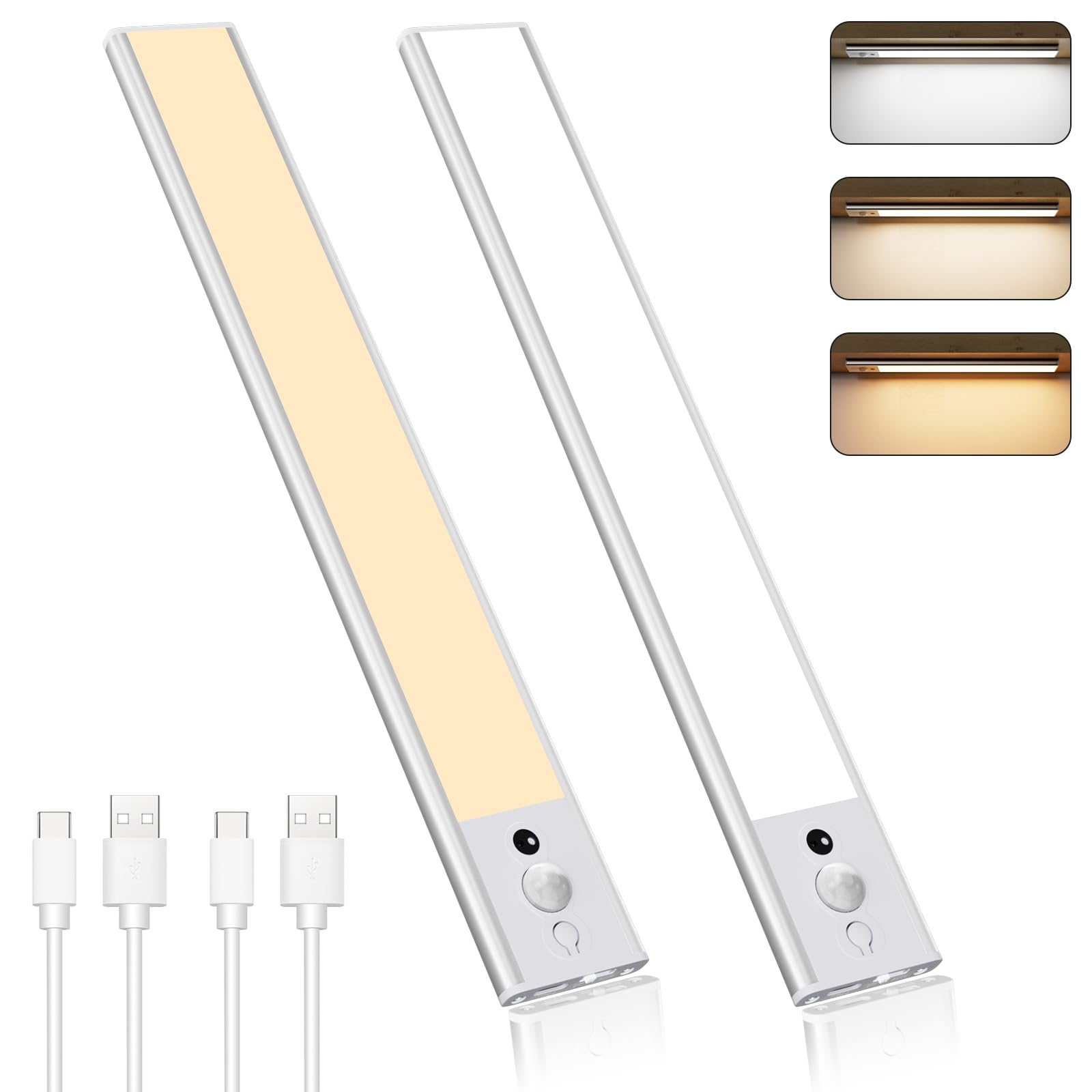 Electight 120LED Under Cabinet Cupboard Lights 2 Pack, Dual Sensor Motion Sensor Lights Indoor, 3 Color &Stepless Dimming, USB-C Rechargeable, for Wardrobe,Closets,Shed, Drawer,Stair,Kitchen-30CM