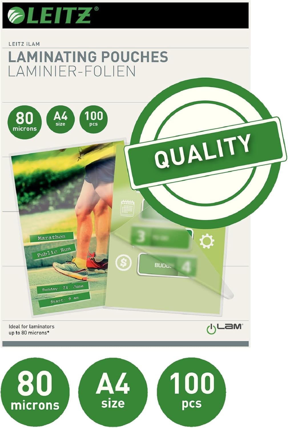 Leitz Heißlaminierfolien A4 80 mic, Hochwertige Laminierfolien mit abgerundeten Ecken, transparent, glänzend, für den Einsatz zu Hause oder im Büro, 74330000 (10 x 100er Pack)