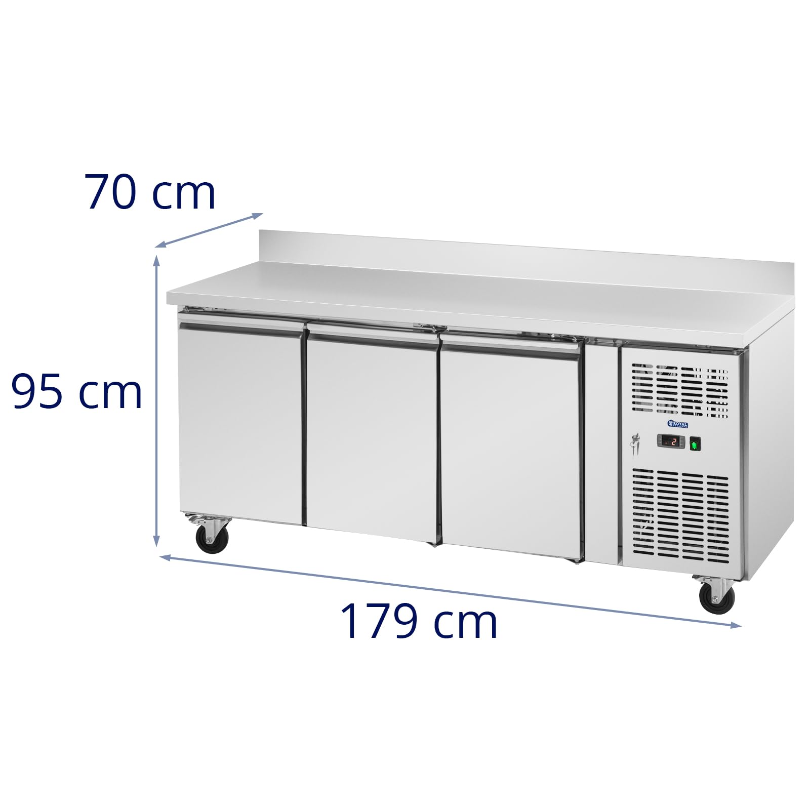 Royal Catering Mesa Refrigerada de 410 L y 179,5 x 70 cm con Ruedas 3 Compartimentos y Antisalpique Clase B en Acero Inoxidable Bajomostrador con refrigeración Mostrador refrigerado para hostelería
