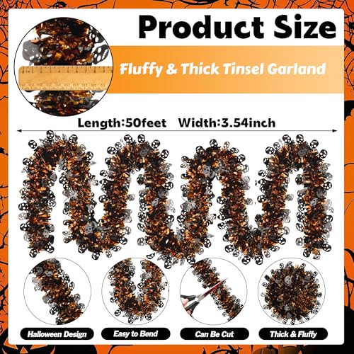 Image of 50 Ft Halloween Tinsel Garland Glitter Tinsel Garlands with Black Skull Thick Glittering Metallic Twist Garland for Halloween Indoor Outdoor Party Decorations