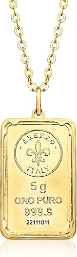 Italian 24kt Yellow Gold Fleur-De-Lis 5-Gram Ingot Pendant Necklace With 14kt Gold Frame