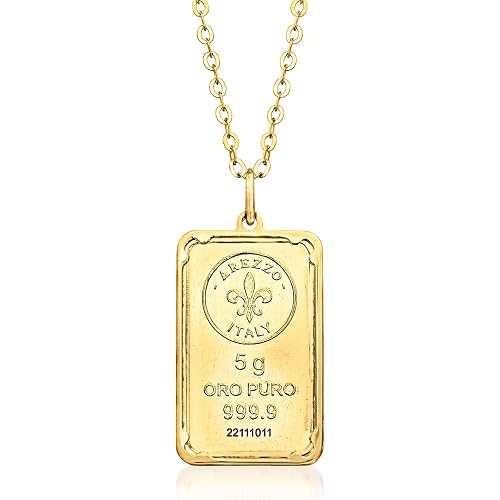Ross-Simons Italian 24kt Yellow Gold Fleur-De-Lis 5-Gram Ingot Pendant Necklace With 14kt Gold Frame