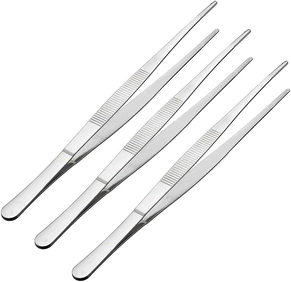 4 Pcs 6.3-Inch Stainless Steel Straight Blunt Tweezers Serrated Tip