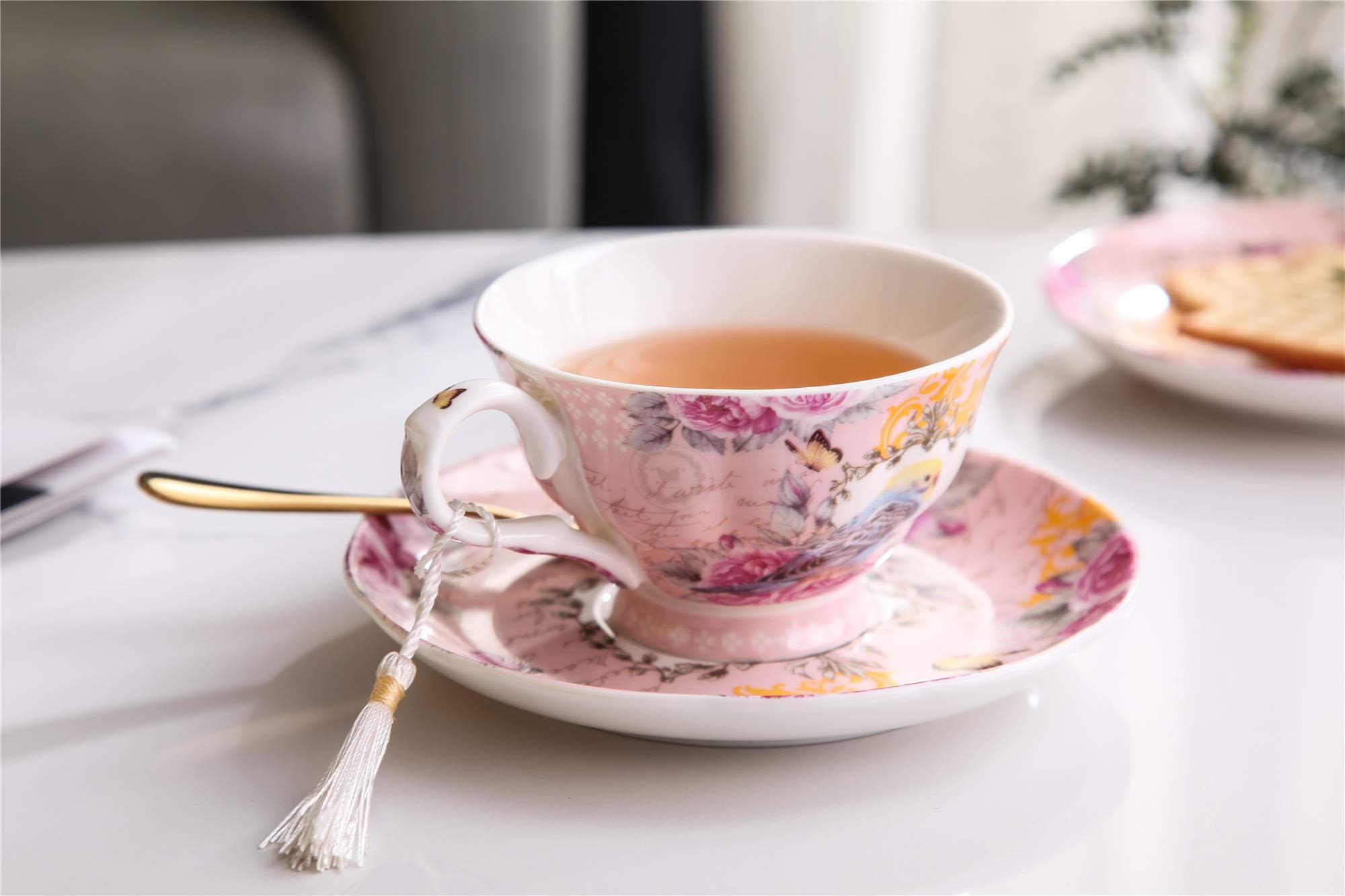 Crevyteg Vintage Floral Bone China Teacup & Saucer Set – Shabby Chic Rose & Bird Design with Gift Box – Elegant Tea Party Set & Gift for Her (Pink)