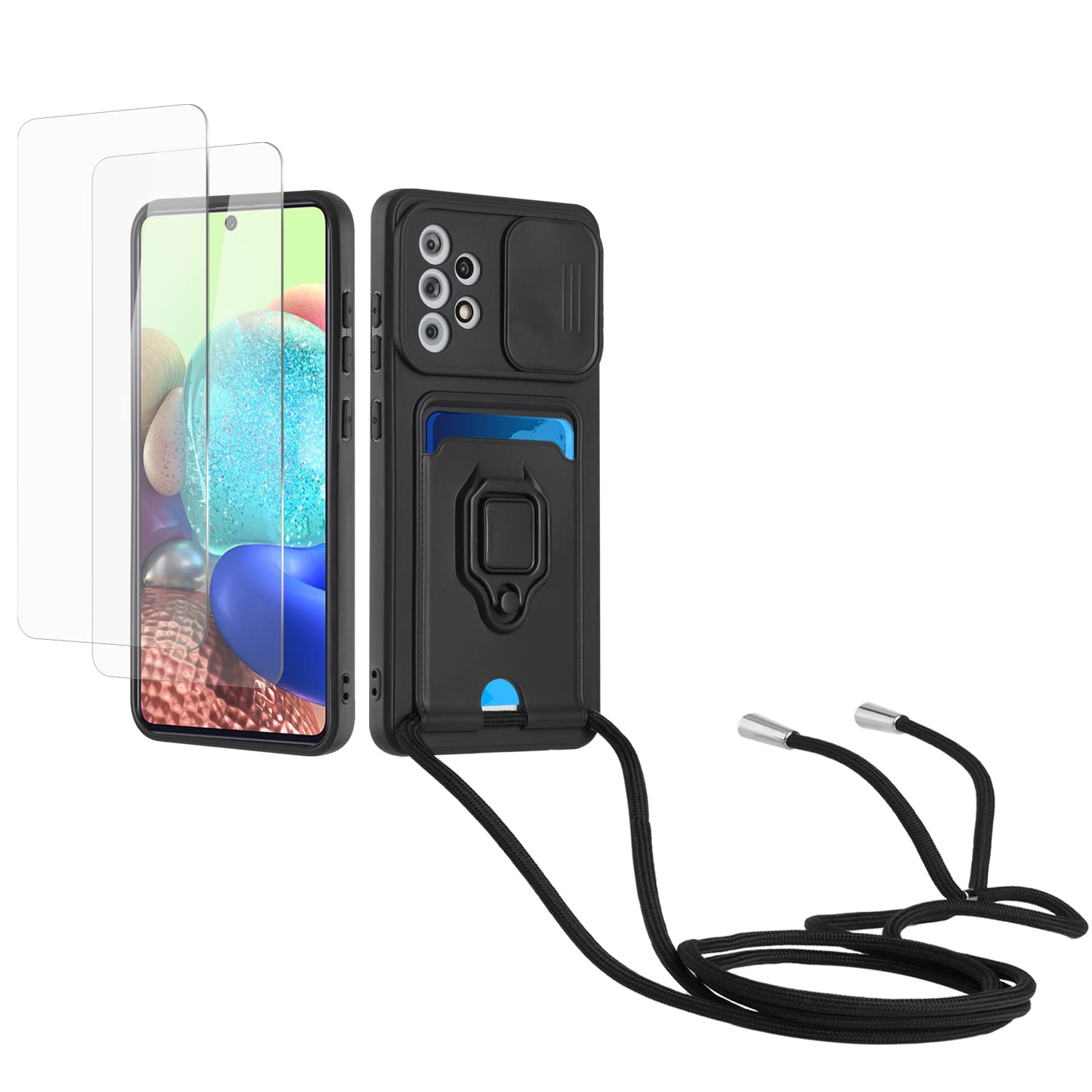 Kaslly Funda con Cuerda para Samsung Galaxy A35+[2 Pack Protector Pantalla],Case con Ranura para Tarjetas,Cubierta de Cámara Deslizante Proteger,Doble Cara Protección-Negro — view 10