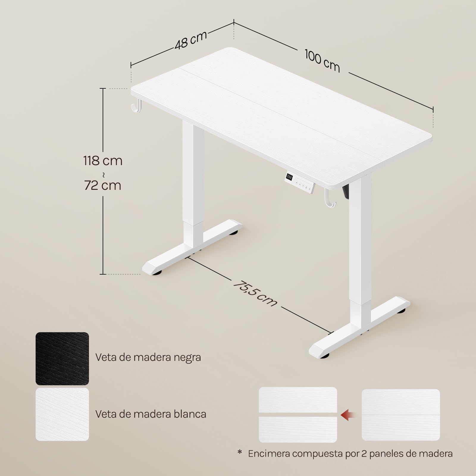 WOLTU Escritorio Elevable Eléctrico Regulable Altura 72-118 cm, con Memoria y Protección Anticolisión, con 2 Ganchos, para Oficina, Gaming o Estudio, Blanco, 100x48 cm