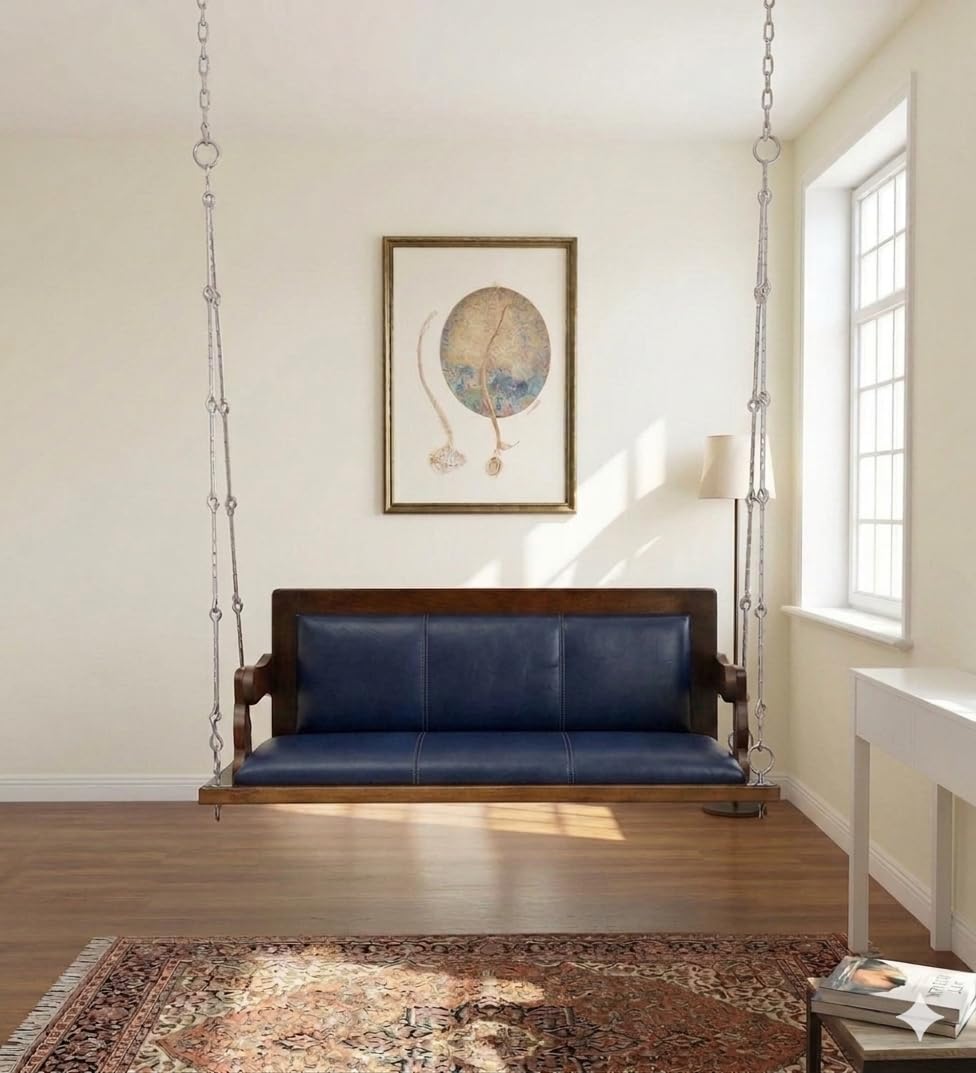 Jairi Traders Wooden Swing (4ftx2ft) Solid Wooden Hanging with Hand Rest and Back Support Jhula Wooden Swing (with Stainless Steel Accessories) Reversible Cushion-image-39