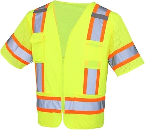 Safety Works Chaleco de seguridad de malla ANSI Clase III tipo R de alta visibilidad, ligero, pestañas para micrófono, tres bolsillos, talla única,