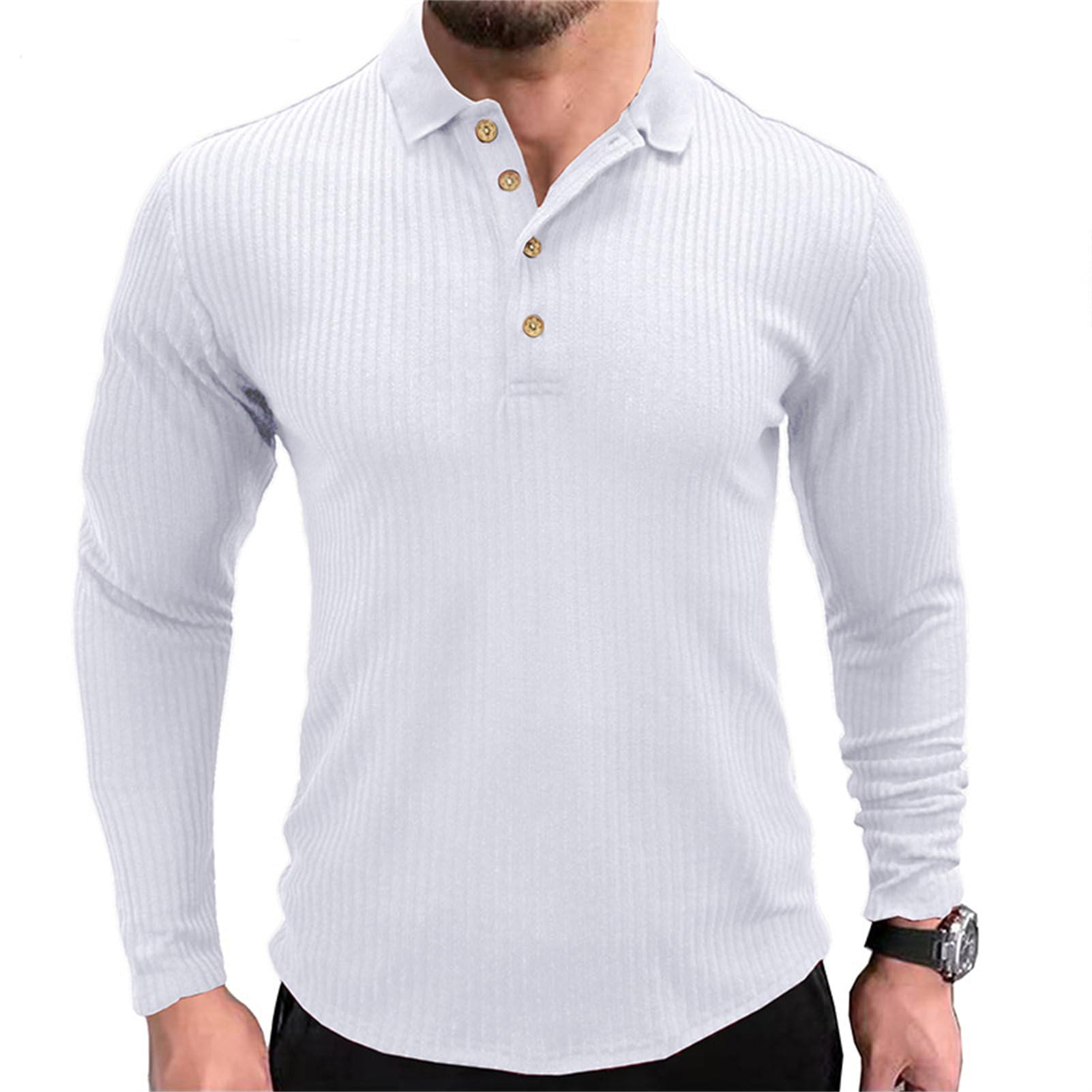 Mens Long Sleeve Pullover Sweaters Fashion Casual Vintage Button-Up Knit Shirt Classic Basic Solid Color Tees (Small,White)