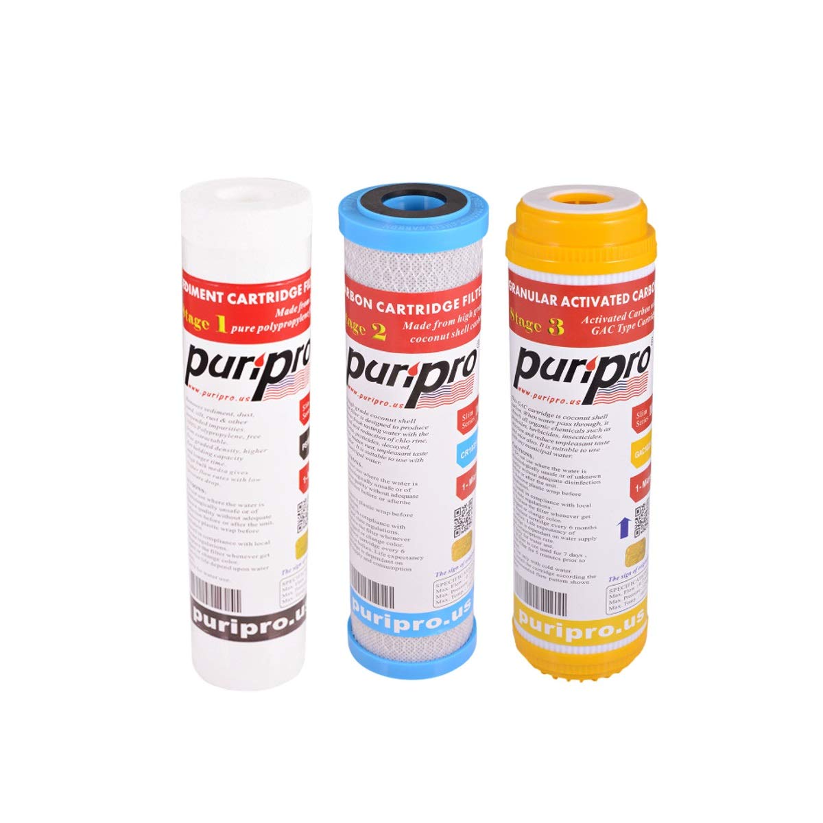 PuriPro Replacement Cartridges For Under Sink Reverse Osmosis Water Filter, 3-Stage (PP, CTO, GAC, RO Membrane, Mineral Filter, Far Infrared Filter), Fits Standard Filter Housing, 1 Count