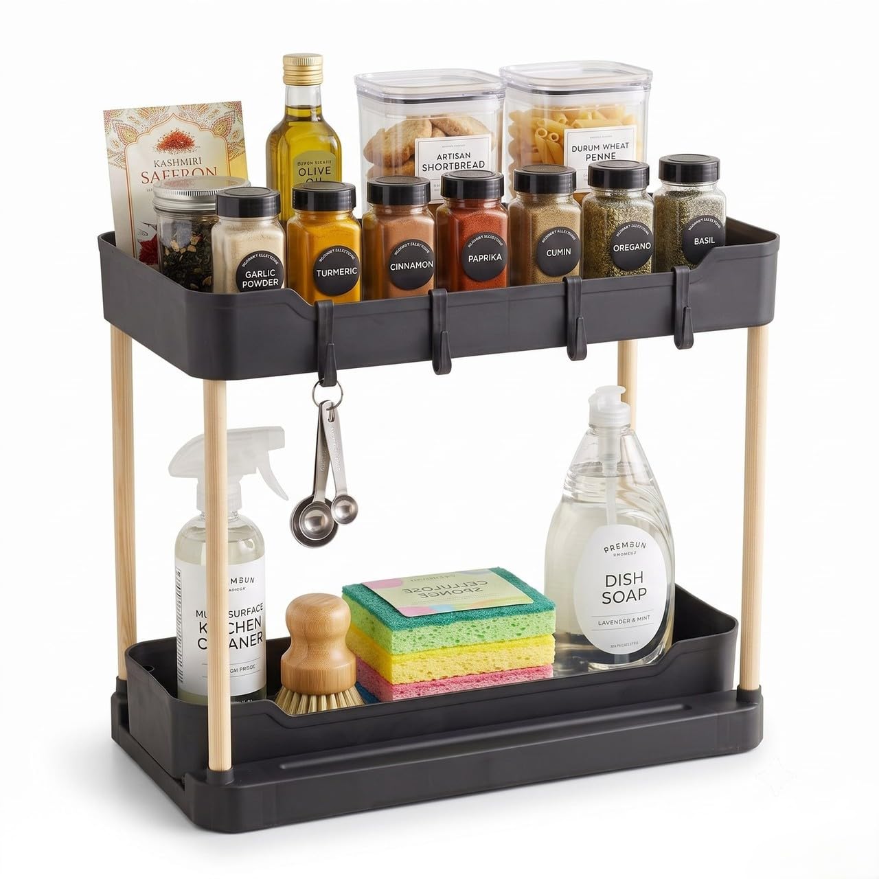 URBNLIVING 2 Tier Sliding Storage Rack with Slide Out Drawer & Hooks
