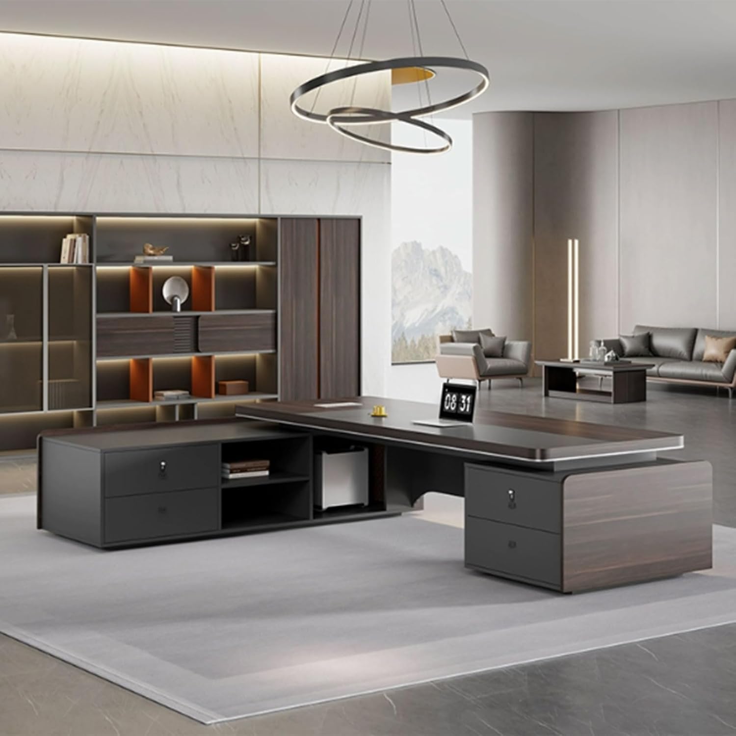 Modern Large Executive Office Desk, Wood Computer Desk with Storage Cabinet, Writing Gaming Table for Study, Work, Gaming