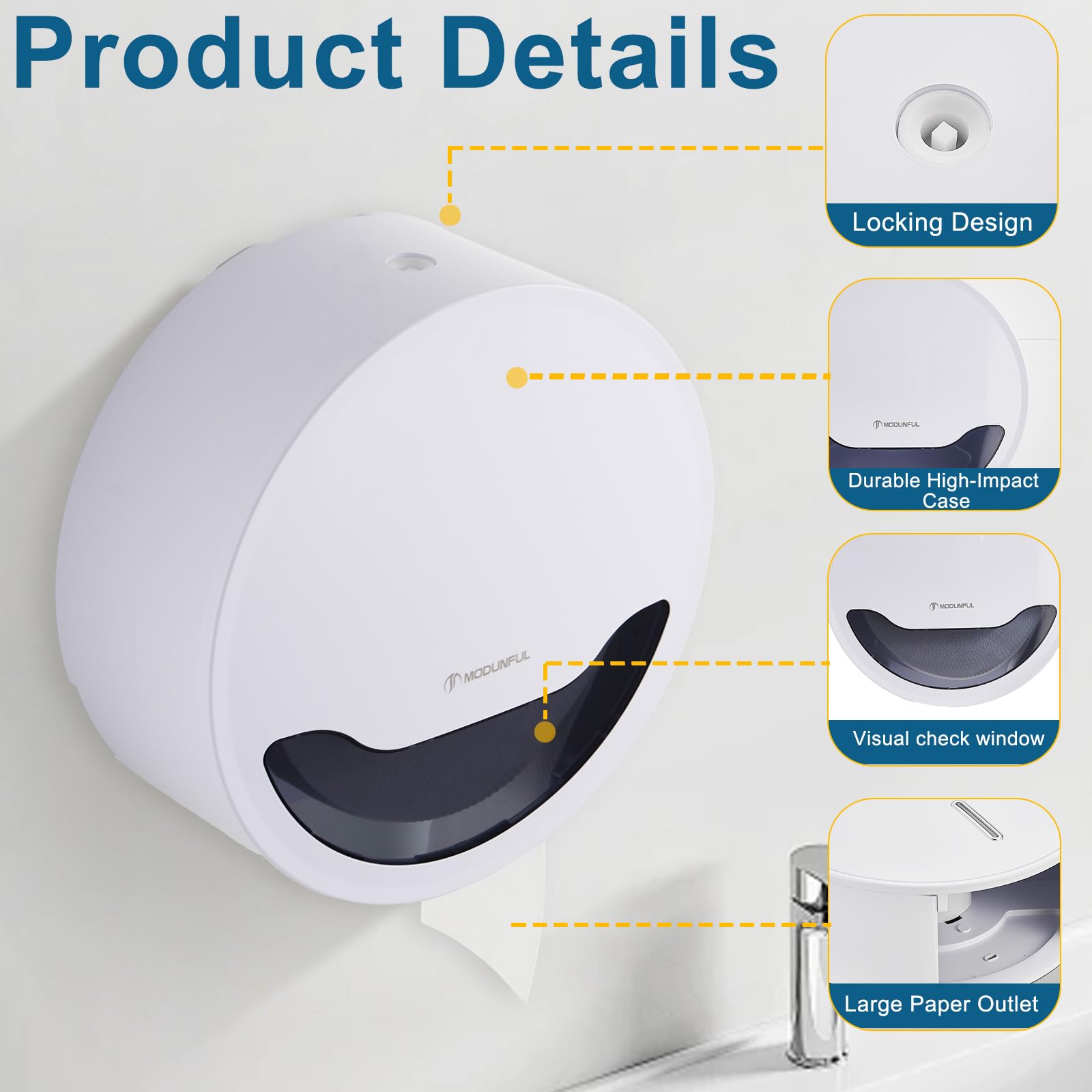 Modunful Dispensador de papel higiénico, soporte para rollo de papel higiénico tamaño mini jumbo montado en la pared, dispensadores de papel higiénico comerciales, soporte jumbo para inodoro, oficina
