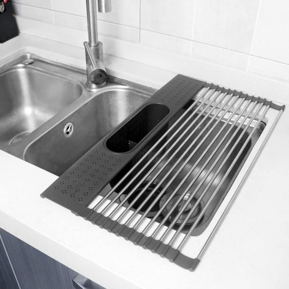 Rejilla de drenaje Multi-uso de la caja de secado de la cocina sobre fregadero enrollable plato secado rack fruta plegable fruta vegetal carne organizador de carne de escurridor Rejilla escurridora