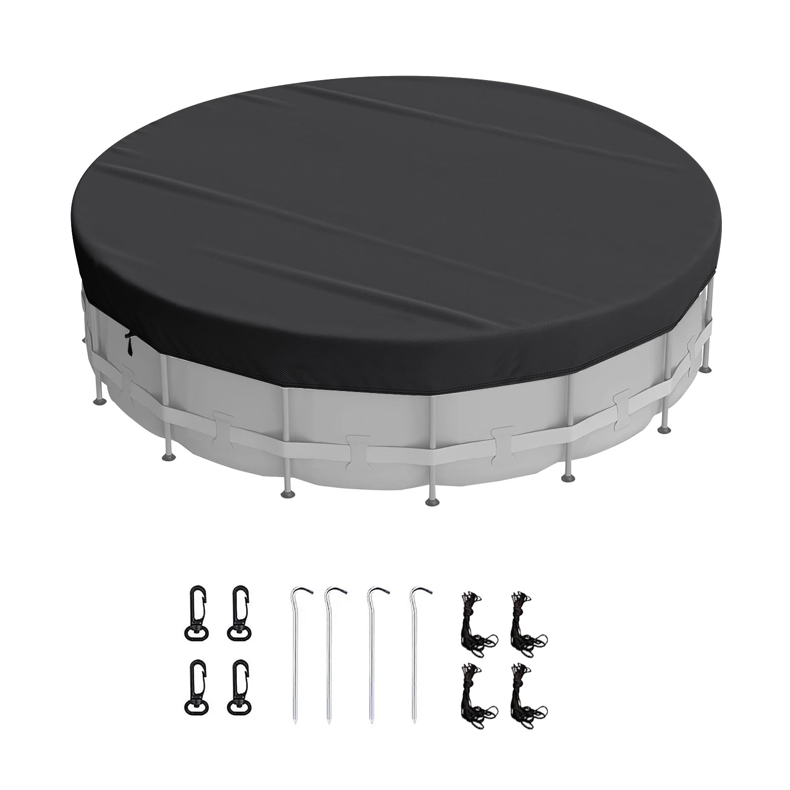 Cubierta de piscina redonda 300/360/450 cm, resistente al agua y al polvo, protección UV, con cordón y clavos para el suelo, para piscinas sobre el suelo, bañeras (negro, 450 cm)