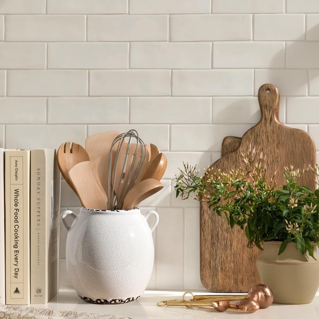 JIEMEI HOME Kitchen Utensil Holder with Handle, 6.69" Ceramic Farmhouse Stable Utensil Crock for Countertop, Cooking Tool Organizer with Cork Bottom, Spatula Holder For Kitchen Decor, White