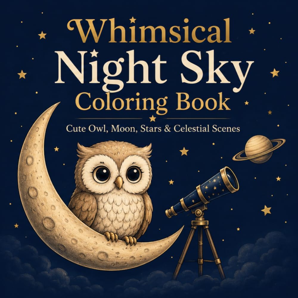 Night Sky Coloring Book: Cute Owl, Moon, Stars, Planets, Constellations and Cozy Celestial Scenes for Adults and Teens