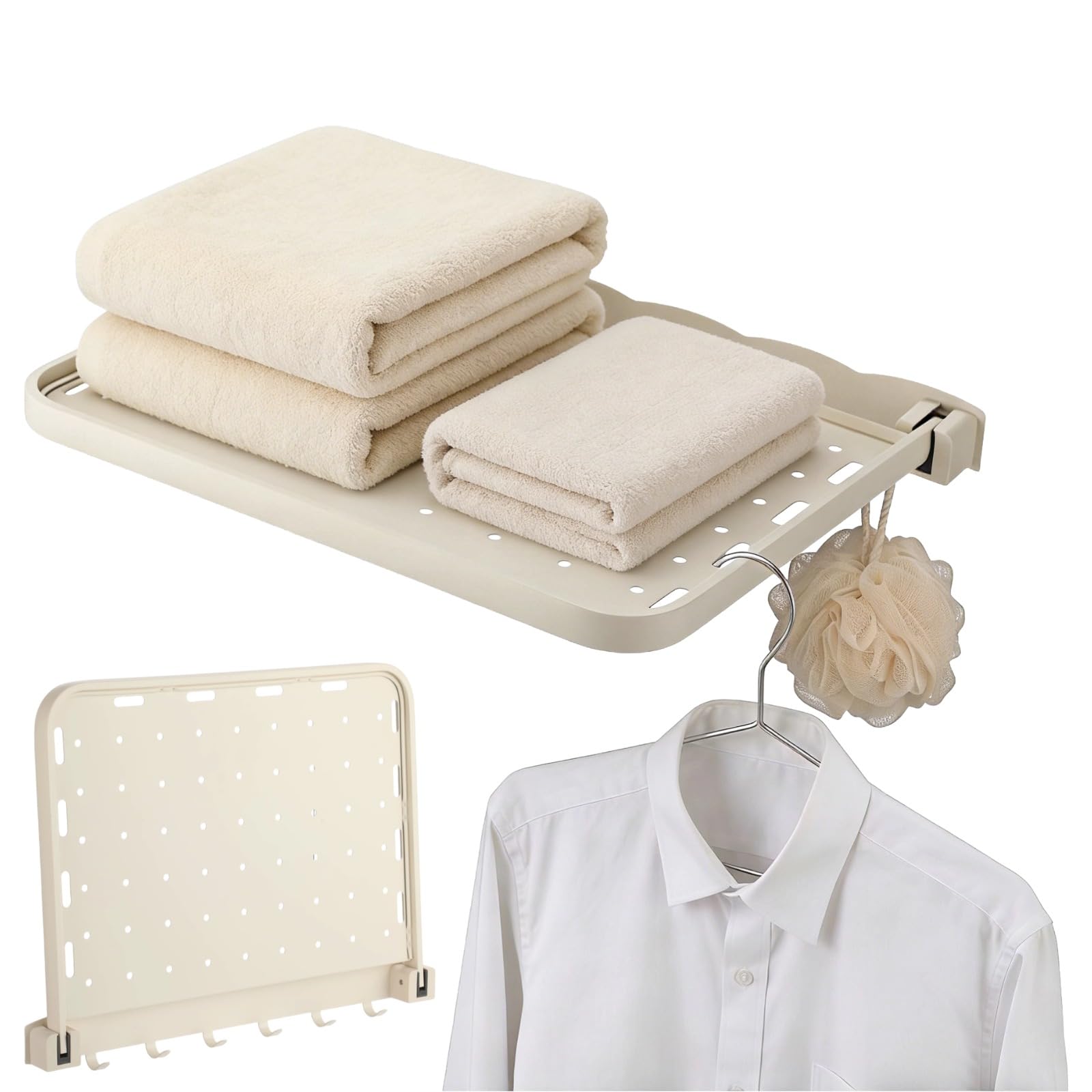 Faltbares Badezimmer-Wandregal mit 6 Haken, klappbarer Organizer aus Aluminiumlegierung mit Ablauflöchern und Kleiderbügelöffnungen, wandmontierter Halter ohne Bohren für Küche und Wohnmobil