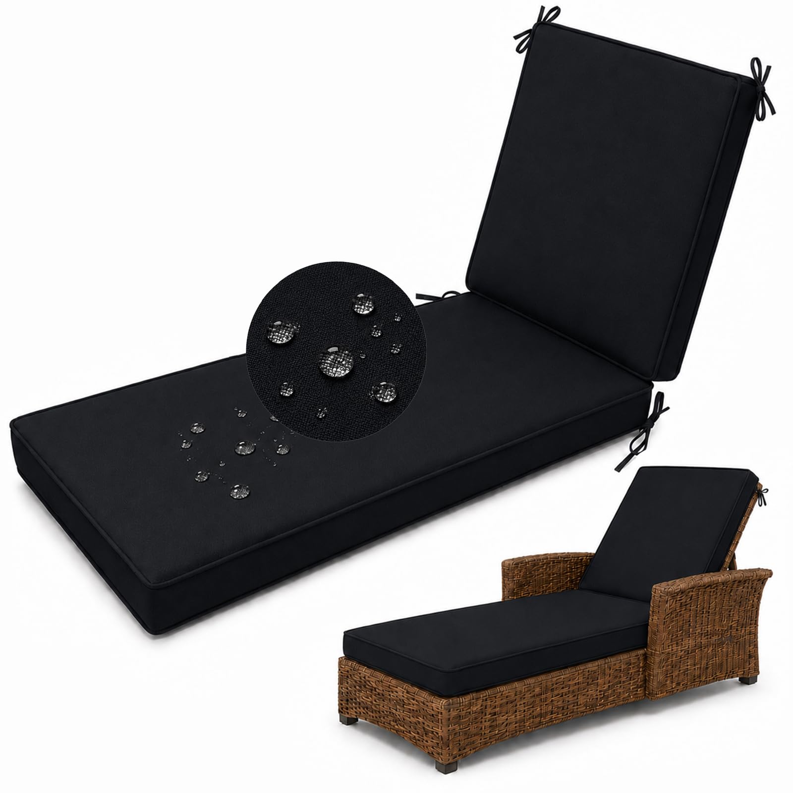 Aocase Waterproof Sun Lounger Cushion, Garden Sunbed Recliner Pad, Black
