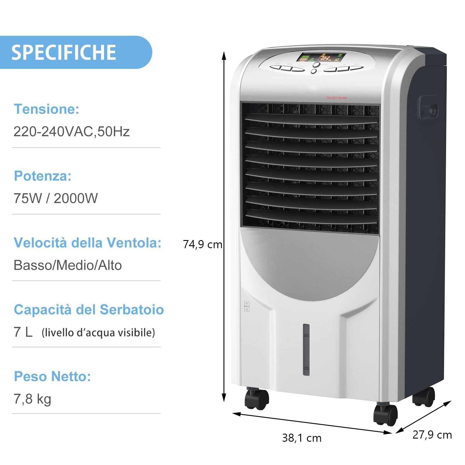 RELAX4LIFE Raffreddatore Evaporativo 5 in 1 con Raffreddamento 75W,Riscaldamento 2000W, Umidificatore e Ventilatore, Purificatore d'Aria, LED Display, Timer 8 H e Serbatoio 7 L