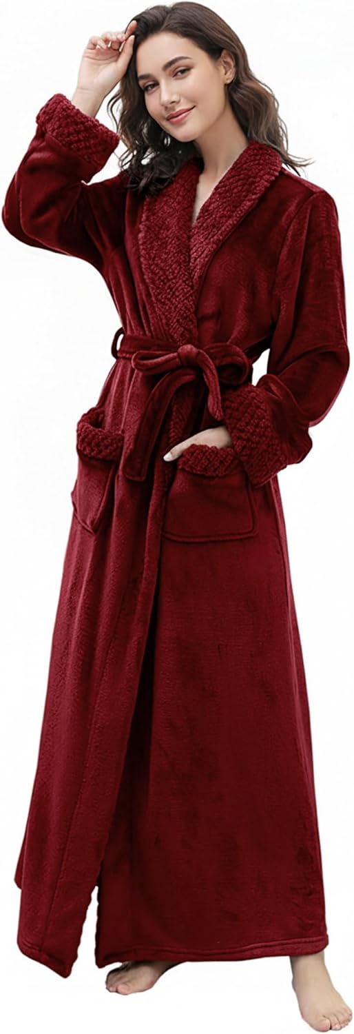 Artfasion Womens Long Fleece Robe - Warm Soft Floor Length Flannel Bathrobes for Winter Thicker Long House Coat with Pockets