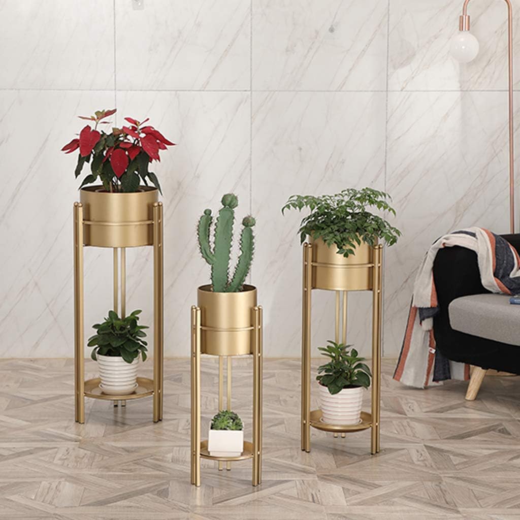 Flower Pot Shelves Black Metal Display Holders European Style Gold Plant Pot Shelving Rack Garden Display Storage Shelf Home Decoration Stand(Pots Include)(M)