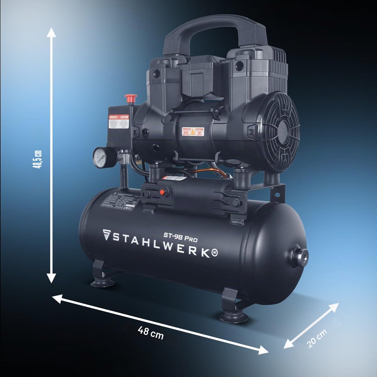 STAHLWERK Compresor con tanque de 9 L (ST-98 Pro) – sin aceite y silencioso, 8 bar, compresor de aire con motores sin escobillas, 1,22 CV, 0,90 kW, 170 l/min, compresor de pistón silencioso