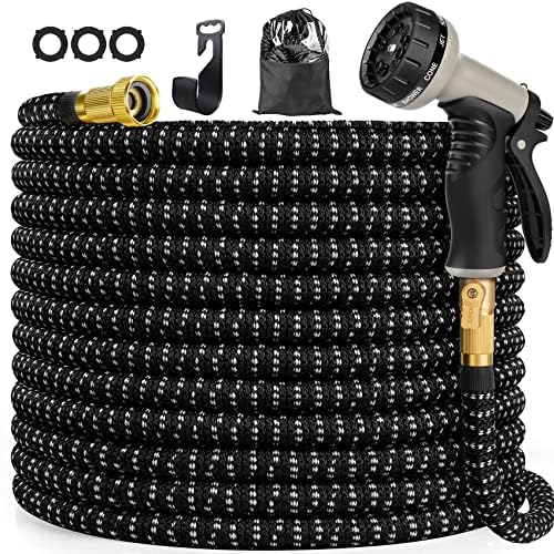 Garden Hose 100ft, Water Hose 100 feet with 10 Function Spray Nozzle, Extra Strength 3750D, Durable 4-Layers Latex Flexible Hose with 3/4\" Solid Brass Fittings, Leakproof