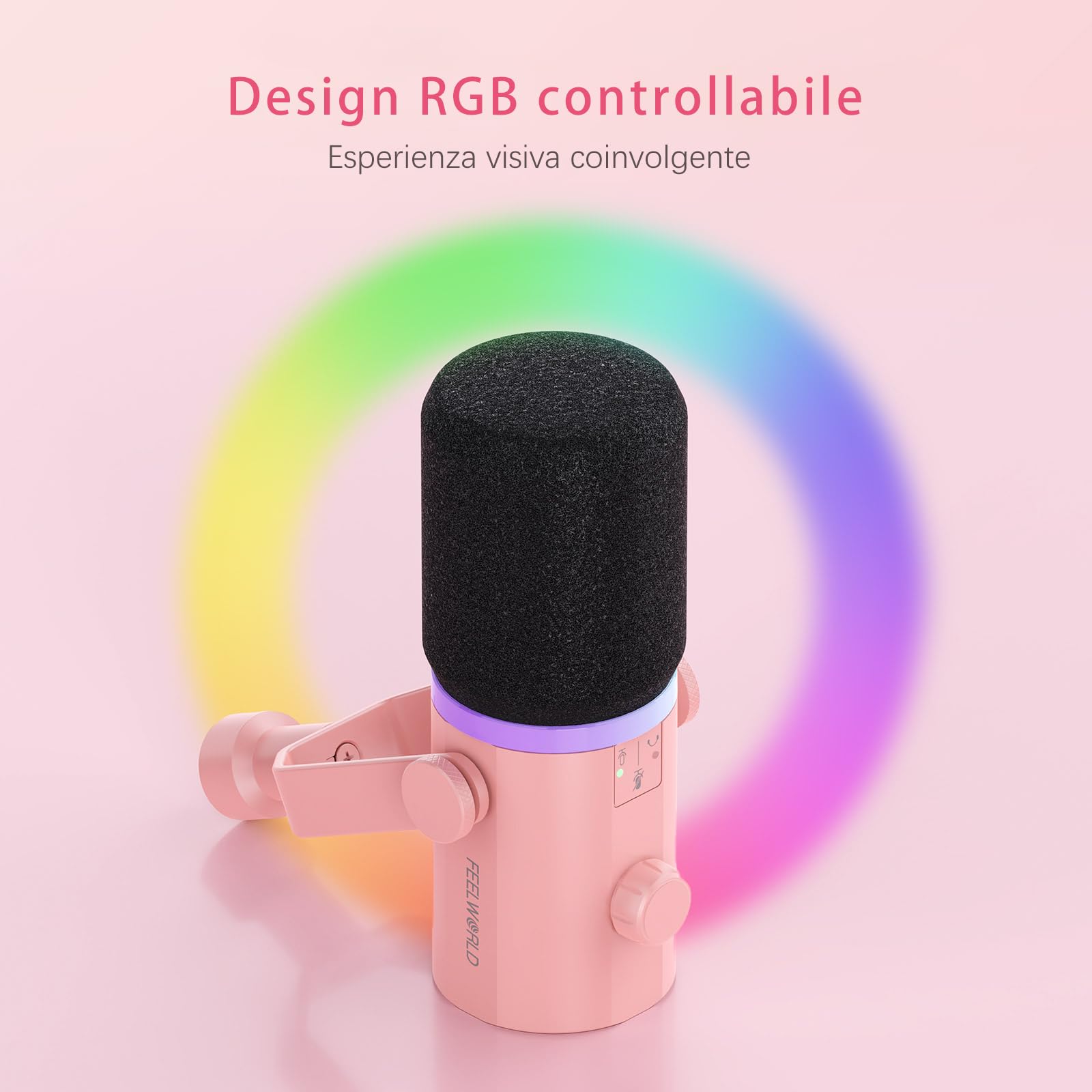 FEELWORLD PM1-AS USB/XLR Micro Gaming Streaming (per PC PS4 PS5), RGB Dynamic Iris Microphone, Pink with Stand, for Gaming, Podcasting, Broadcasting