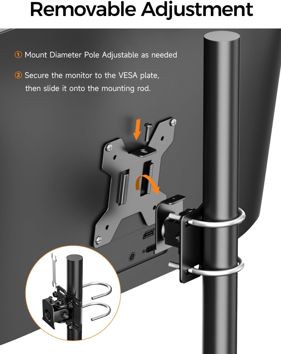 Suptek Single Head and Plate Vesa Pole Mount Bracket for Suptek Monitor Mount,1 Pack, Pole Mount Diameter Adjustable 0.8-2.4 Inch, Fits Monitor/TV Screens 27 Inch (MD6TB2)
