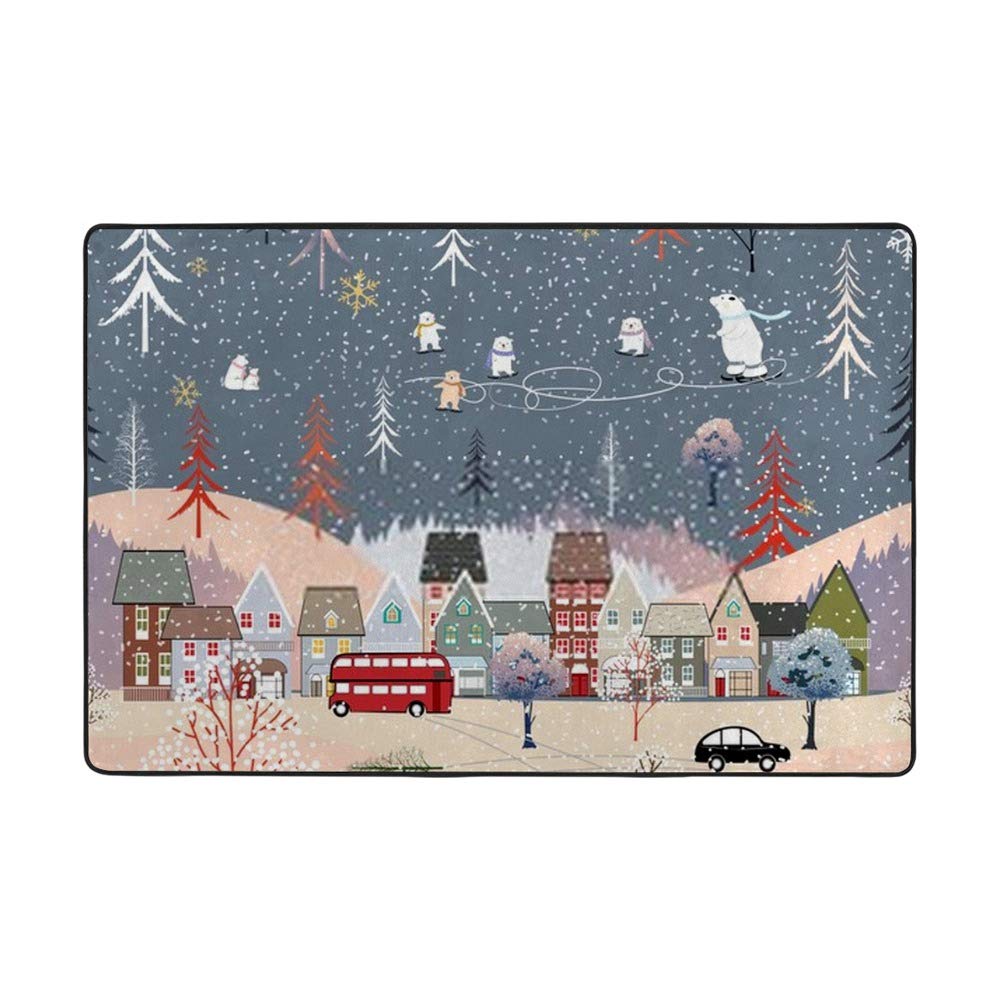 Tapis de Noël Ruchen grand format 183x122 cm paysage ville d'hiver en velours corail pour salon