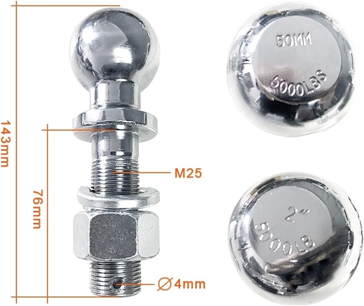 Trailer Hitches, Chrome Extended Long Dia Hitch Mount Tow Ball Capacity 5000Lbs Coupling Trailer Parts RV Camper Caravan Accessories(2INCH Ball)