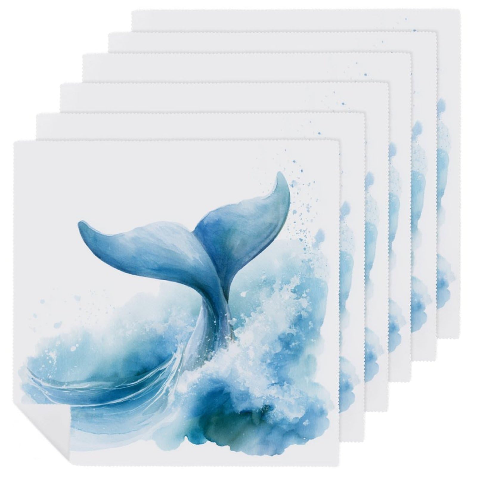Watercolor A Whale Tail Soft Blue Wave Cloth Napkins Set of 6, Square Premium Reusable Washable Polyester Table Linen Napkin for Dinner Party